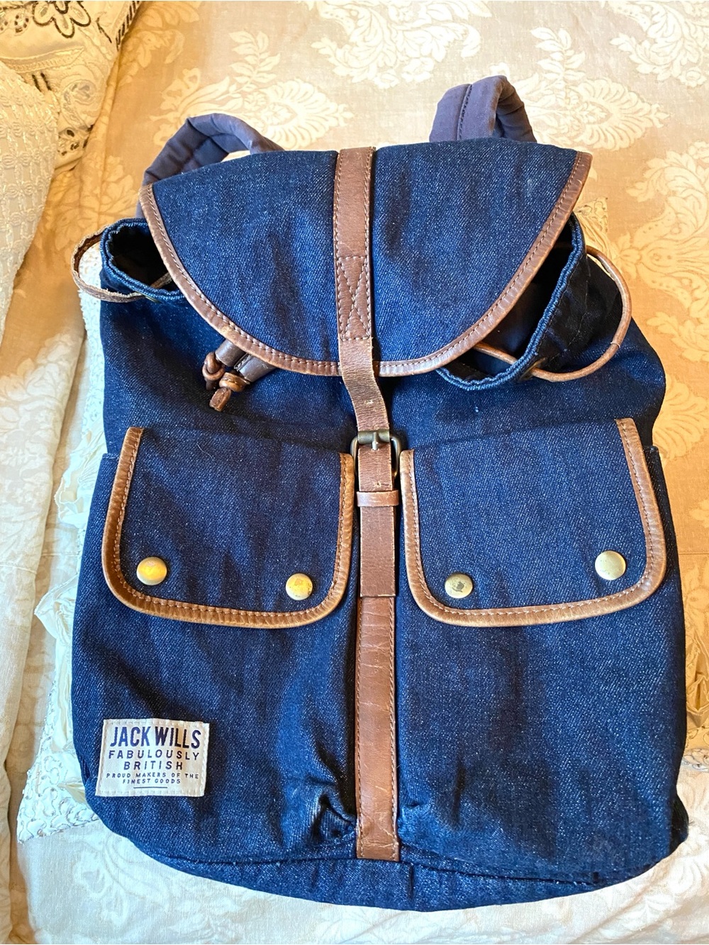 Jack Wills Blue Denim Canvas Cinch Top Backpack Leather Trim